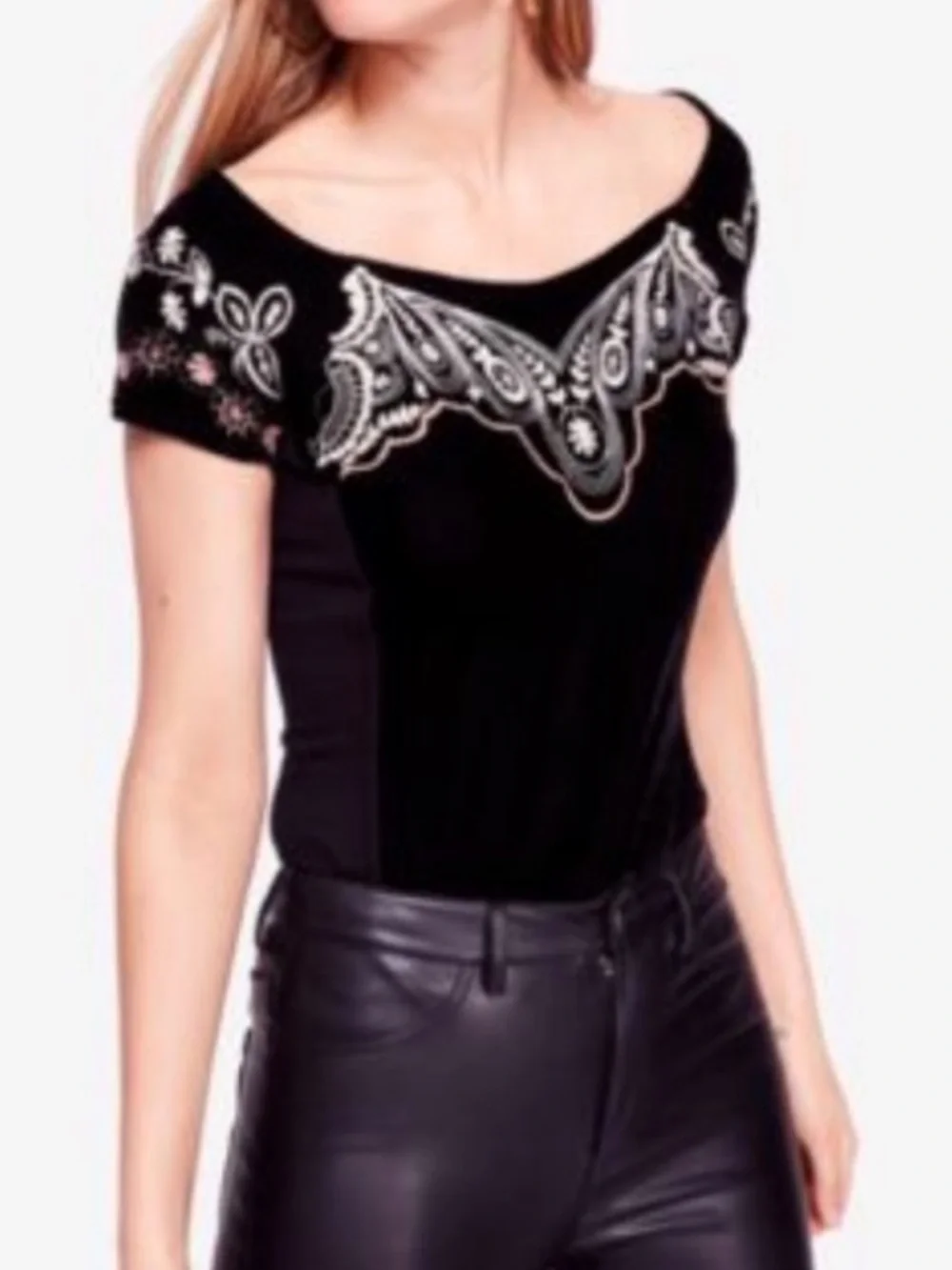 Free People Party Train Black Embroidered Velvet Scoop Neck Top Women’s Size S